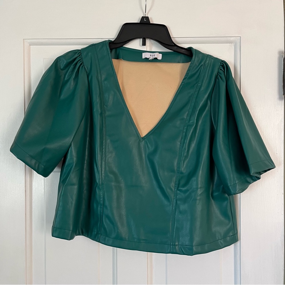 Green Vegan leather crop top Sz Large - Picture 4 of 5